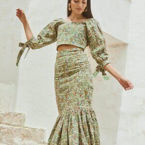 Lauren Embroidered Puff-Sleeve Top With Fringe - Spruce/Blush Butterfly Floral e